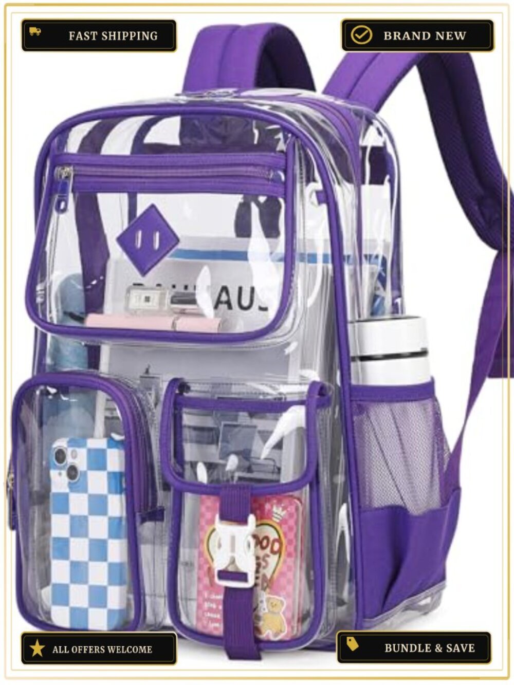 Clear Backpack Heavy Duty PVC Stadium Approved See Through Bookbag for School